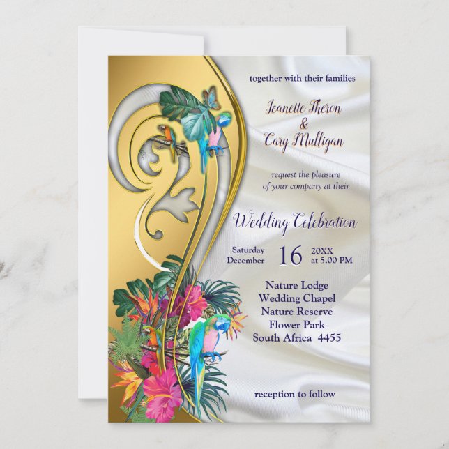 Invitation Or sur soie blanche avec splendeur tropicale (Devant)