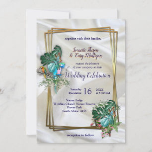 Invitation Or sur soie blanche avec splendeur tropicale
