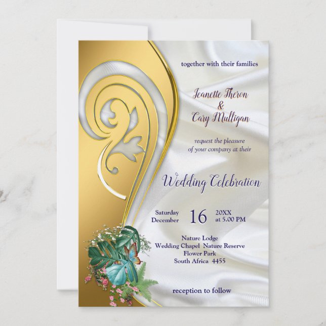 Invitation Or sur soie blanche avec splendeur tropicale (Devant)