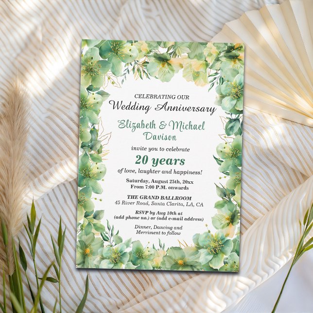 Invitation Or Teal Floral 20e Anniversaire de Mariage (Créateur téléchargé)