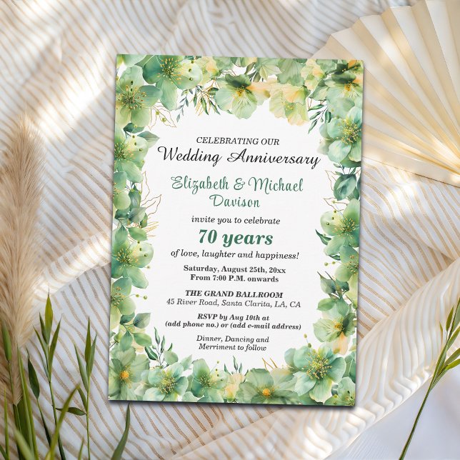 Invitation Or Teal Floral 70e Anniversaire de Mariage (Créateur téléchargé)