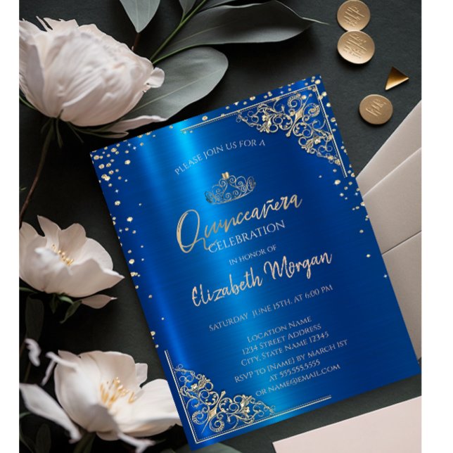 Invitation Or Tiara, Diamants Métallurgique Quinceañera Bleu (Créateur téléchargé)