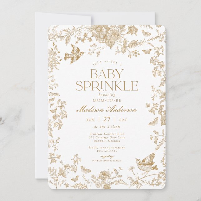 Invitation Or Toile De Jouy Fleurs Françaises Baby Sprinkle (Devant)