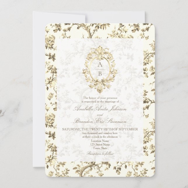 Invitation Or Toile de Jouy Française Monogramme Code QR Mari (Devant)