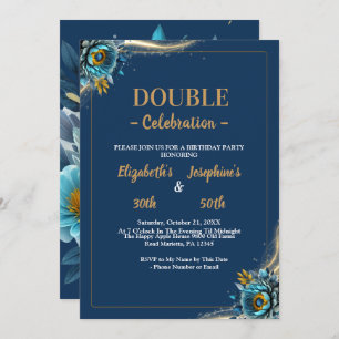Invitation Or Turquoise floral double joint anniversaire