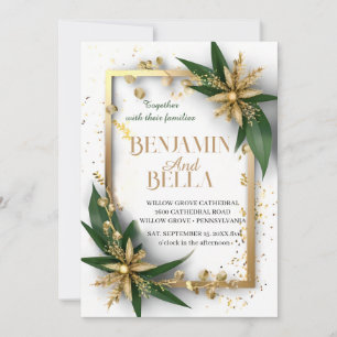 Invitation or typographie feuille neige élégant mariage d'hiv