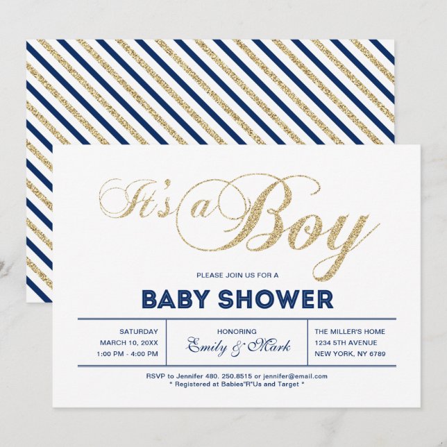 Invitation Or | Typographie Moderne C'est un Garçon Baby Show (Devant / Derrière)