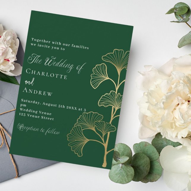 Invitation or vert émeraude mariage vert ginkgo (Créateur téléchargé)