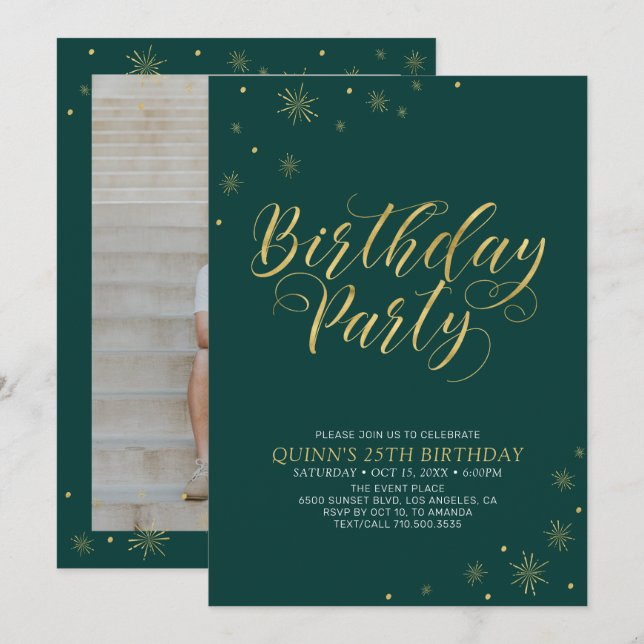 Invitation Or & Vert | Fête d'anniversaire Moderne et Chic po (Devant / Derrière)
