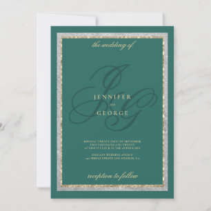 Invitation Or vert jade argent monogramme initiales mariage