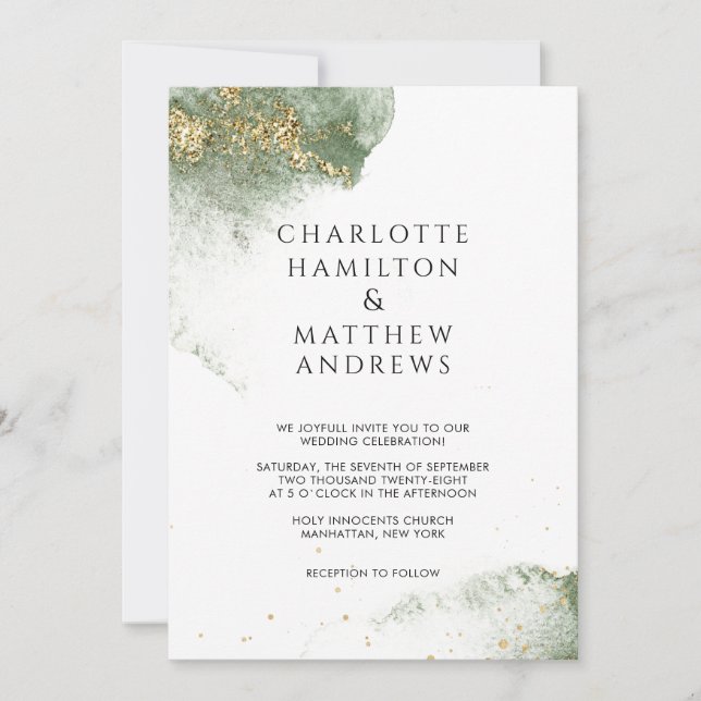 Invitation Or vert moderne Watercolour Kleckse (Devant)