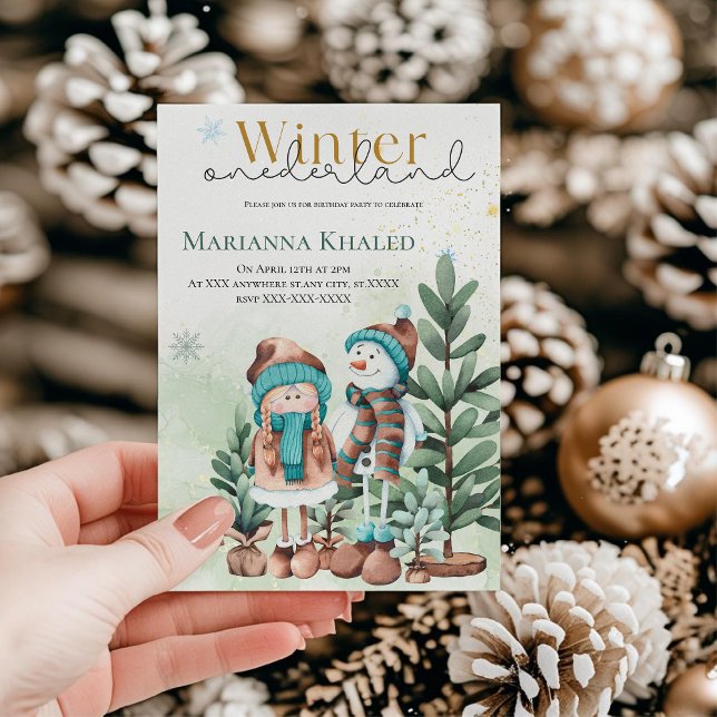 Invitation Or vert Neige Fille Neige Snowman Noël anniversair (Créateur téléchargé)