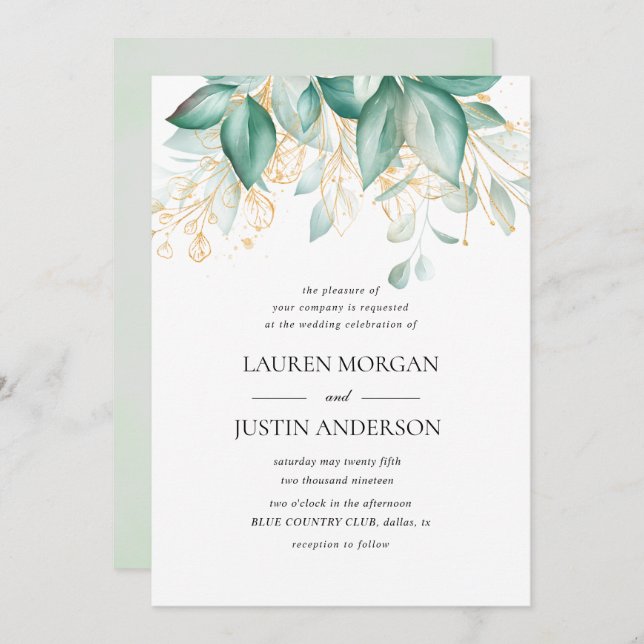 Invitation or vert poussiéreux mariage de verdure eucalyptus (Devant / Derrière)