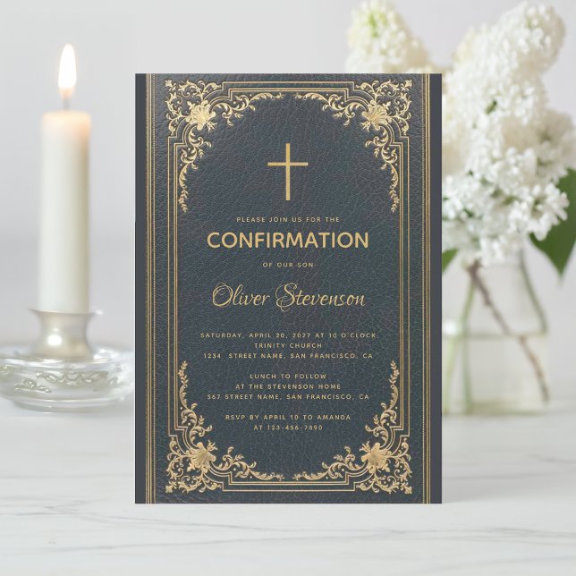 Invitation Or Vieux sur Fond Bleu Marine Confirmation Élégant (Créateur téléchargé)