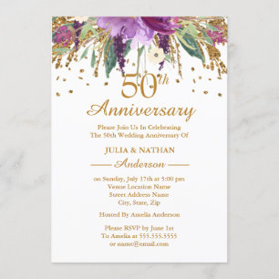 Invitation Or Violet Améthyste Floral 50e Anniversaire