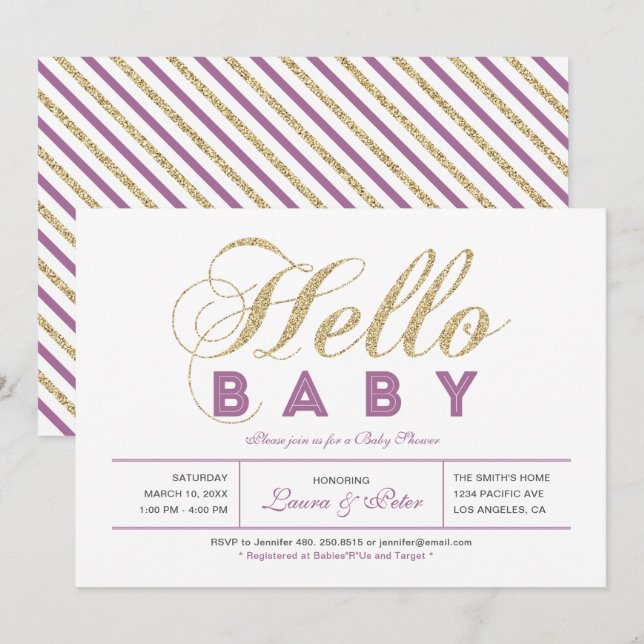 Invitation Or, Violet | Fille, Typographie Moderne Baby Showe (Devant / Derrière)