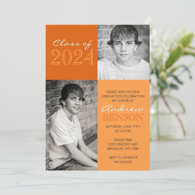 Invitation Orange 2 Toned Classic 2 Photo Graduation (Debout devant)