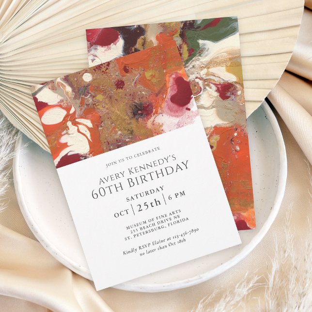 Invitation Orange Abstrait Boho 60e fête d'anniversaire (An artful abstract 60th birthday invitation for the modern contemporary.)