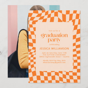 Invitation Orange Abstrait Checker Photo Graduation Party