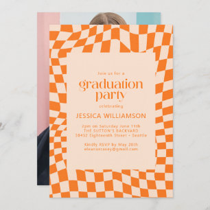 Invitation Orange Abstrait Checker Photo Graduation Party