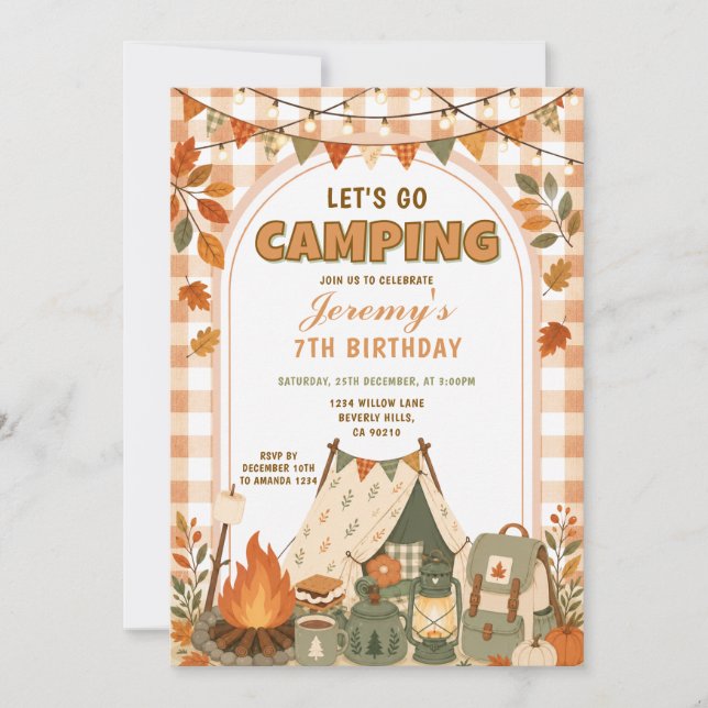 Invitation Orange Allons faire du Camping Anniversaire Aventu (Devant)