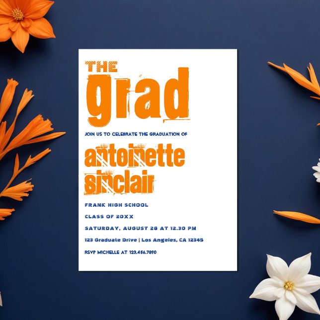 Invitation Orange and Blue Grunge Typography Party (Orange and Blue Grunge Typography Graduation Party Invitation)