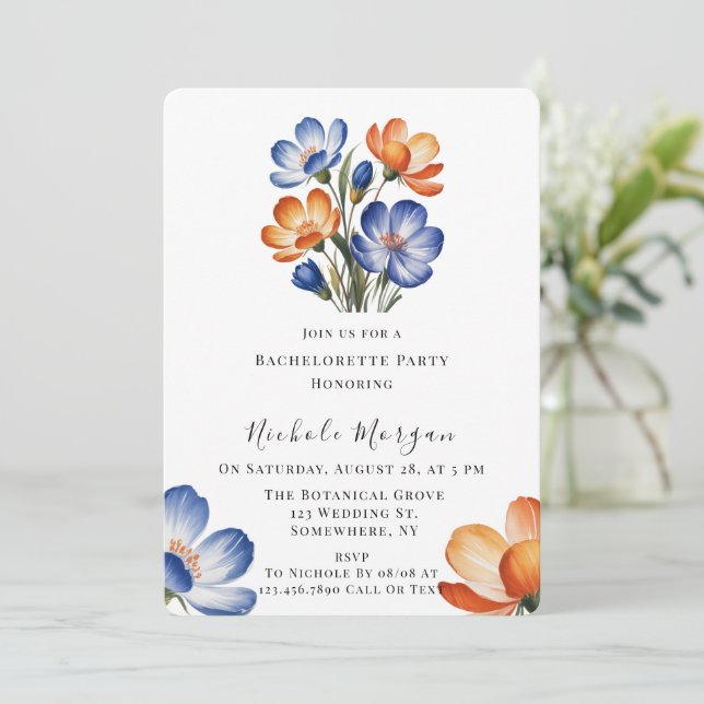 Invitation Orange and Cobalt Blue Floral Bachelorette Party (Debout devant)