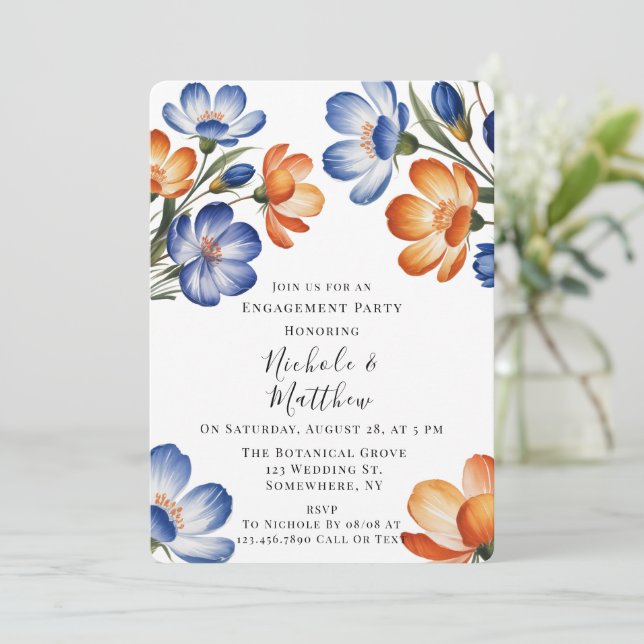 Invitation Orange and Cobalt Blue Floral Engagement Party (Debout devant)