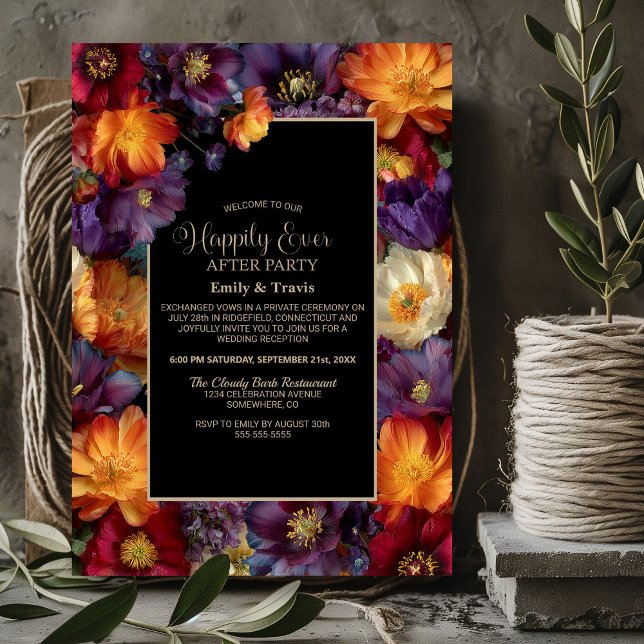 Invitation Orange and Purple Floral Black Wedding After Party (Créateur téléchargé)