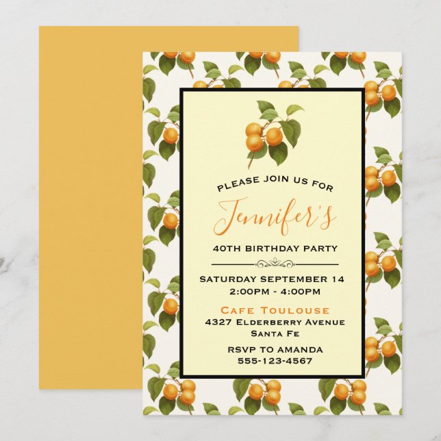 Invitation Orange Apricots Aquarelle Motif Anniversaire (Devant / Derrière)