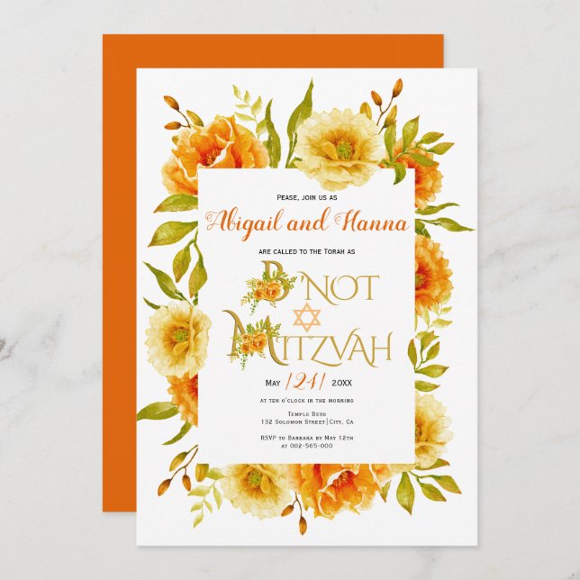 Invitation Orange aquarelle fleurs florales B'Not Mitzvah (Devant / Derrière)