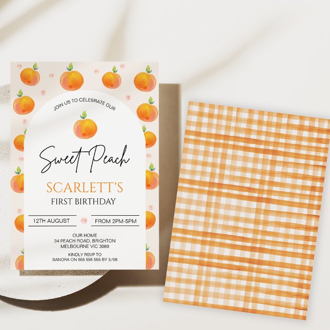 Invitation Orange Arc Moderne Notre Poupée Douce 1er Annivers (Arch Girls Our Sweet Peach Birthday Invitations, Little Peach invite, 1st Birthday Invitations Girl )