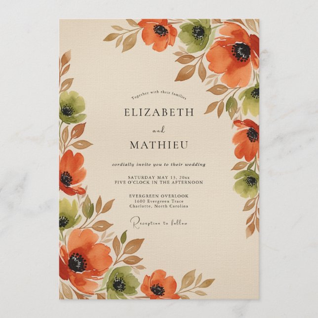 Invitation Orange Autumn Floral Romance Wedding (Devant)