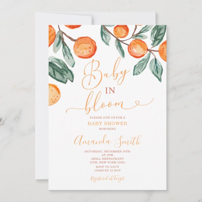 Invitation Orange Baby en fleur Baby shower d'été (Devant)