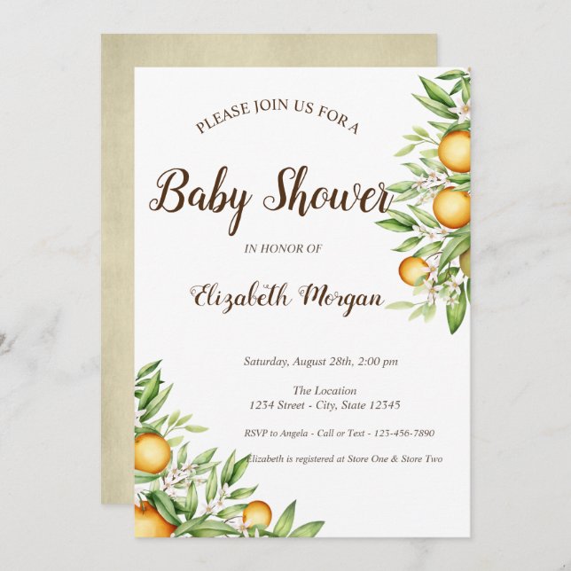 Invitation Orange, Baby shower Citrus Feuille (Devant / Derrière)