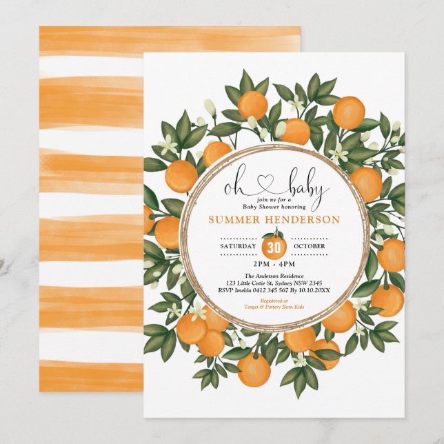 Invitation Orange Baby shower été Citrus Boho Verdure (Devant / Derrière)