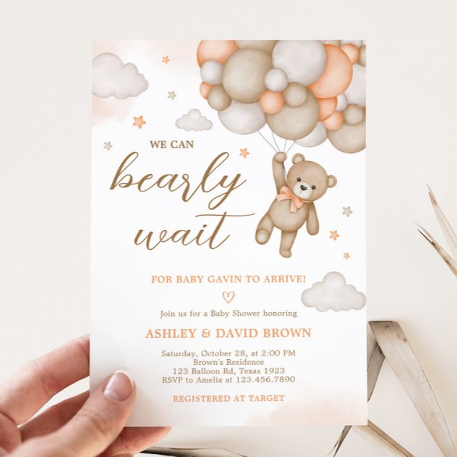 Invitation Orange Bear Balloons Baby Shower  (Bearly Wait Bear Baby Shower Invitation)