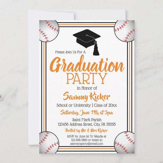 Invitation Orange & Black Baseball Graduation Party (Devant)