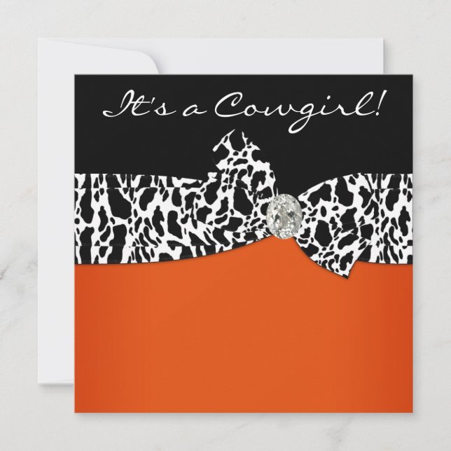 Invitation Orange Black Cow Print Cowgirl Baby shower (Devant)