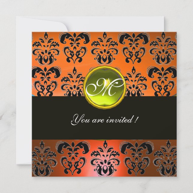 Invitation ORANGE BLACK DAMASK MONOGRAM, topaz jaune (Devant)