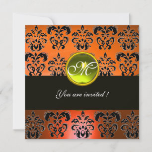 Invitation ORANGE BLACK DAMASK MONOGRAM, topaz jaune