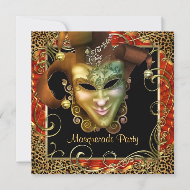 Invitation Orange Black Gold Leopard Masquerade Party (Devant)
