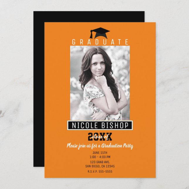 Invitation Orange & Black Modern Graduation Photo Party (Devant / Derrière)