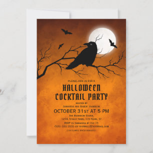 Invitation Orange Black Raven Bats Pleine lune Halloween