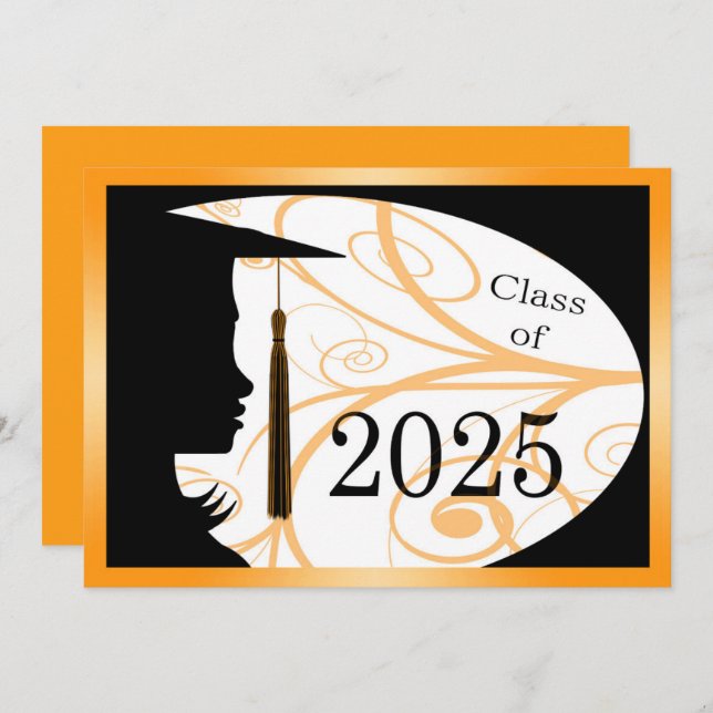 Invitation Orange & Black Silhouette 2025 Graduation Party (Devant / Derrière)