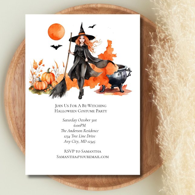 Invitation Orange Black Witch Halloween Costume Party (Halloween Witch Pumpkins Orange Black Party Invitation)