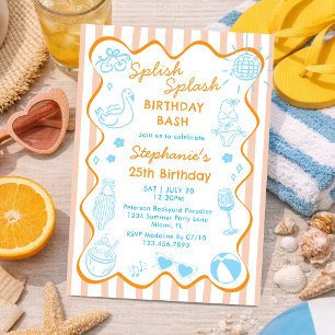 Invitation Orange Bleu Dessin à la Main Anniversaire Fête d'É