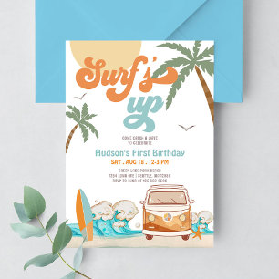 Invitation Orange Bleu Garçon TOUT ÂGE Surf Up Surf 1er Anniv