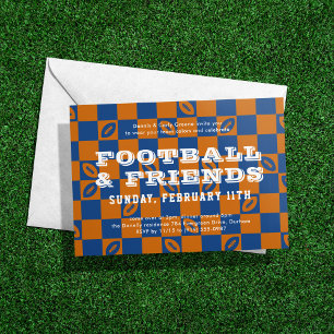 Invitation Orange Blue Checkerboard Football Game Watch Party