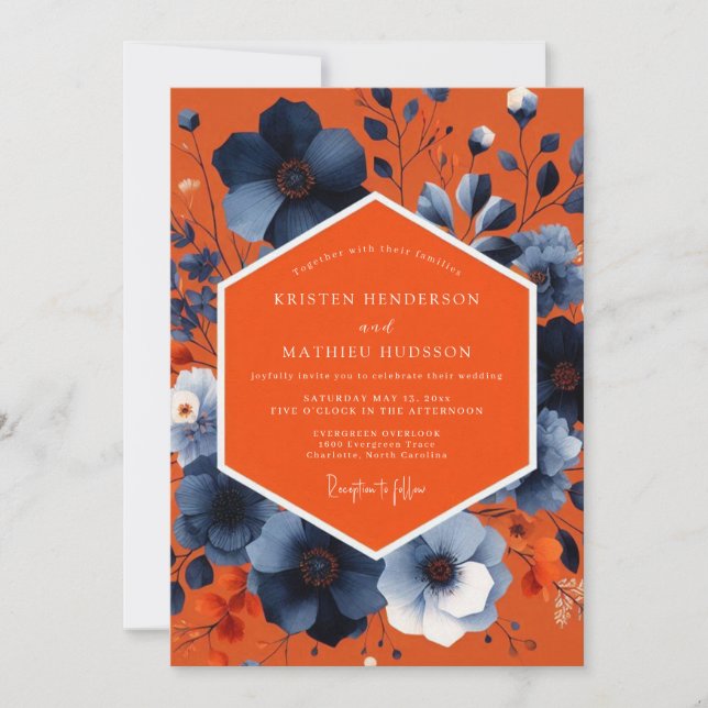 Invitation Orange Blue Floral Autumn Wedding (Devant)